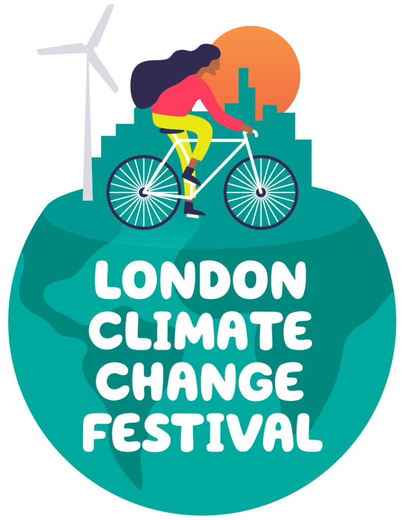 London Climate Change Festival logo of a girl on a bike on a glove with a windmill and sun in the background